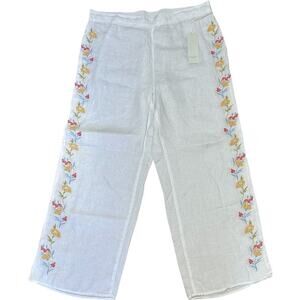 CALYPSO St. Barth‎ Linen Wide Leg Pants White Floral Embroidered Boho Size L